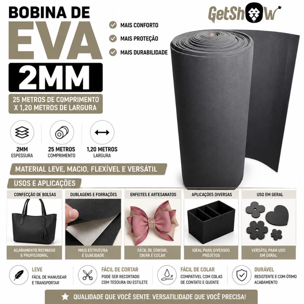Eva 2mm Bobina 25 Metro Linear X 1.20 Largura Rolo Artesanato Enfeites  Cor Preto ou Branco