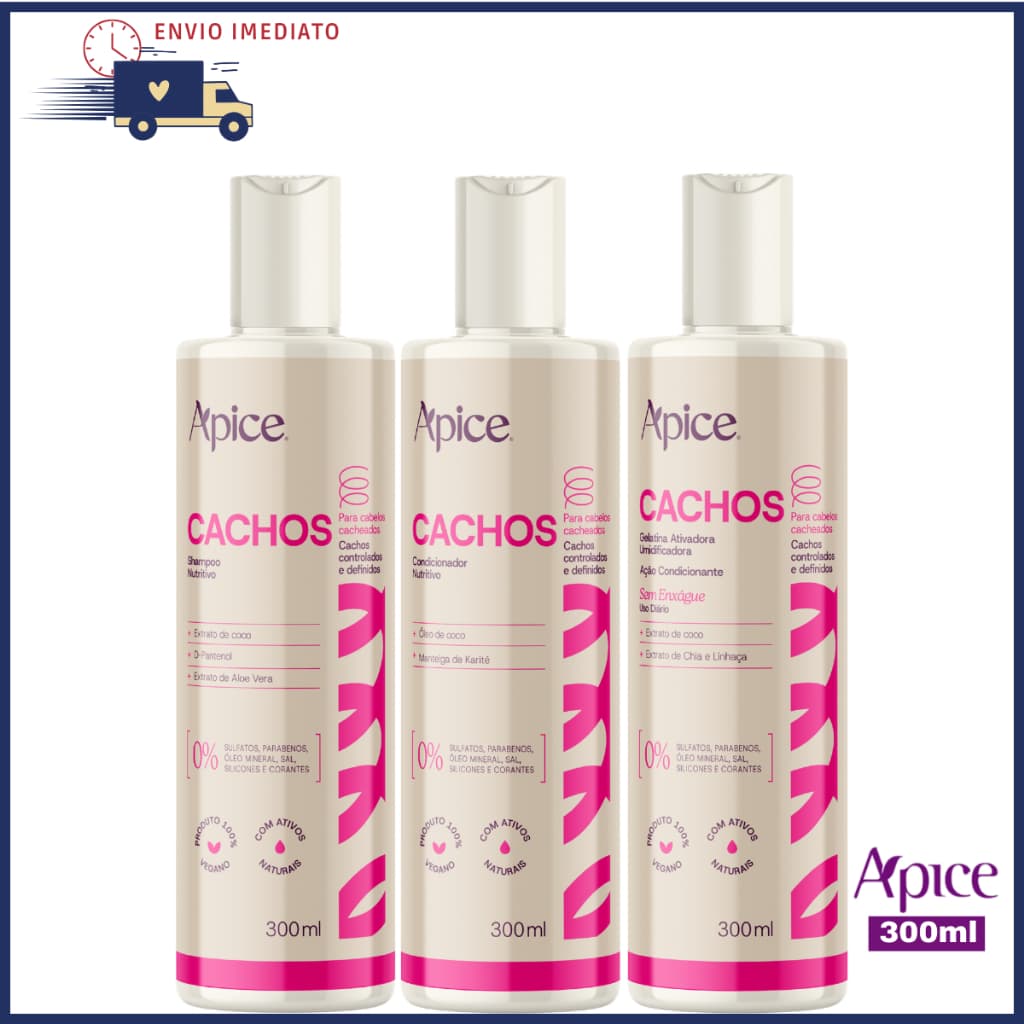 Kit Shampoo 300ml + Condicionador 300ml + Gelatina Ativadora Cachos 300ml Apice Cosméticos