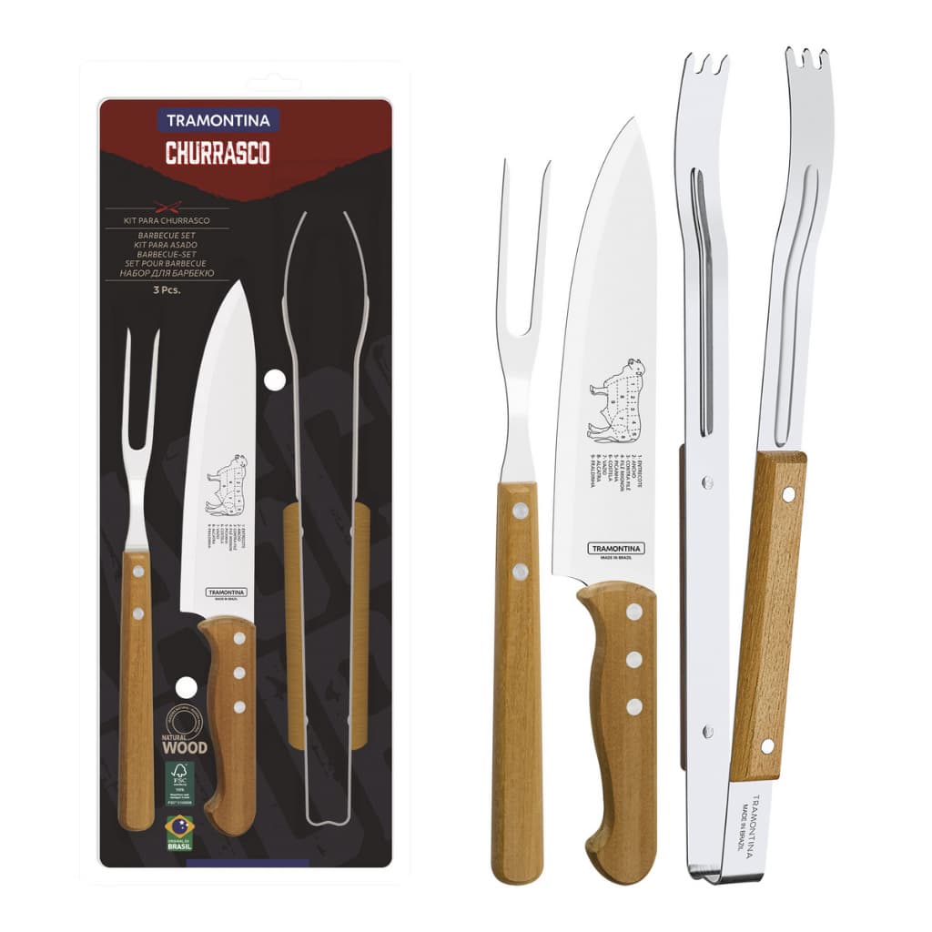 Kit Churrasco Tramontina com Lâminas em Aço Inox e Cabos de Madeira Natural 3 Peças