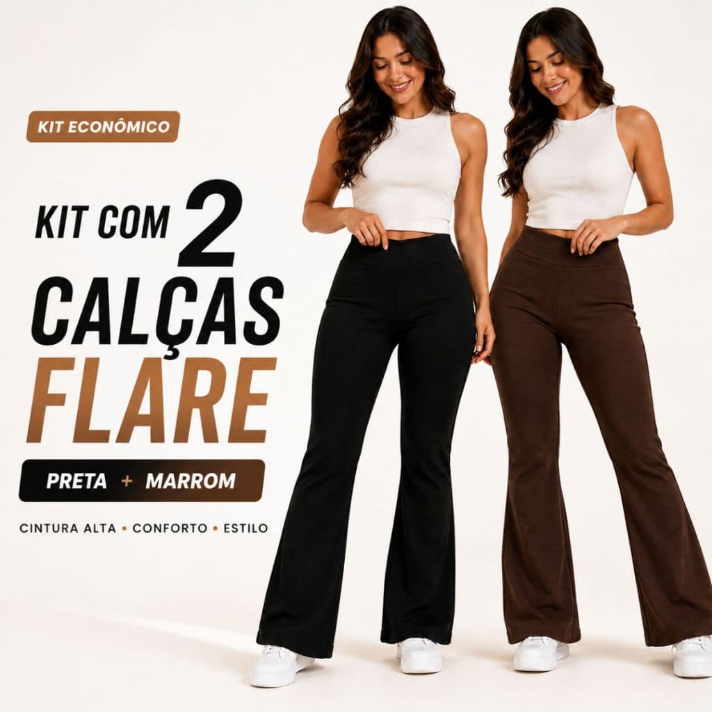 Kit 2 Calças Flare Feminina Peluciada Zero Transparência Cós Alto Confortável Inverno
