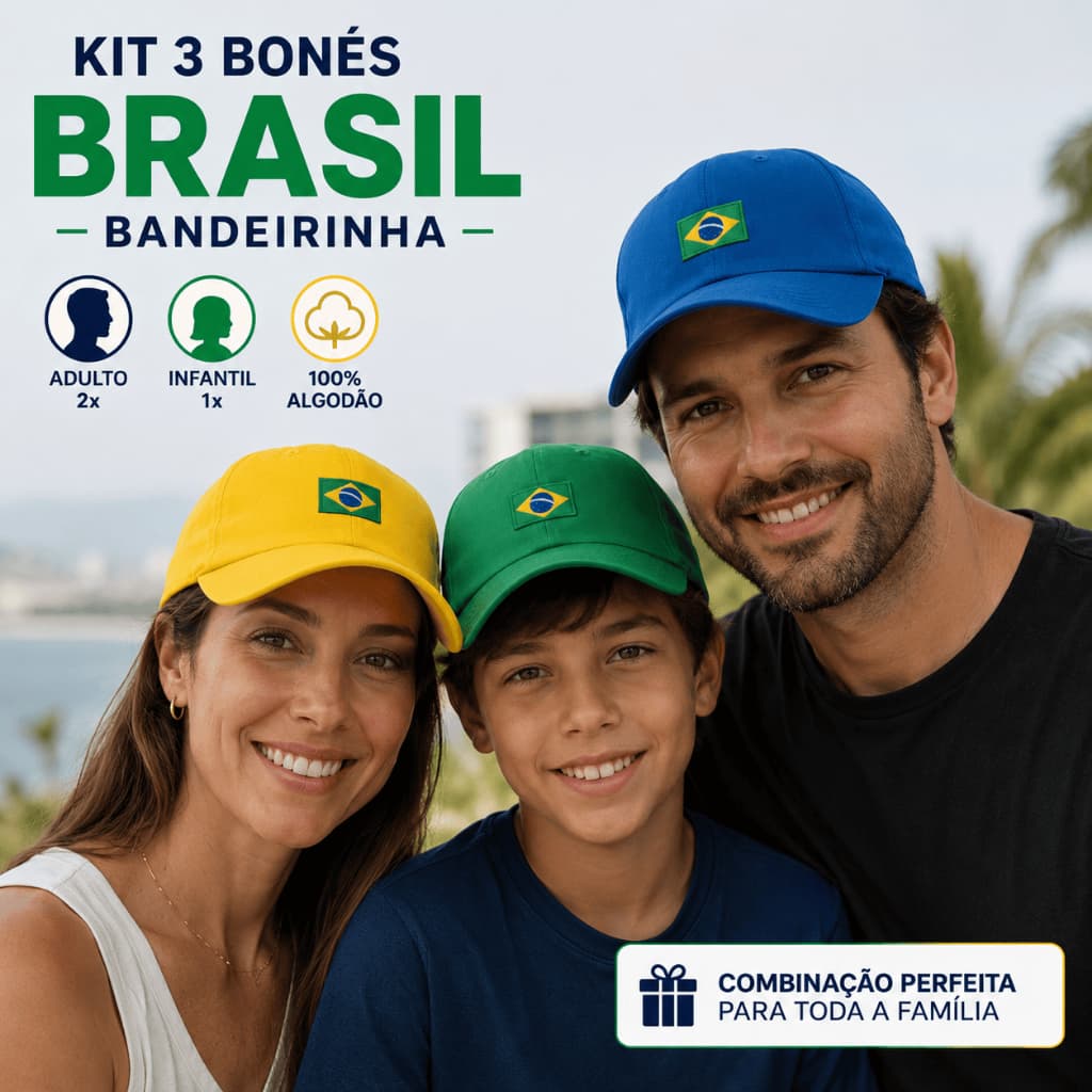Kit 3 Bonés Brasil Bandeirinha Bordado Familia 2 Adulto 1 Juvenil Aba Curva com Regulagem