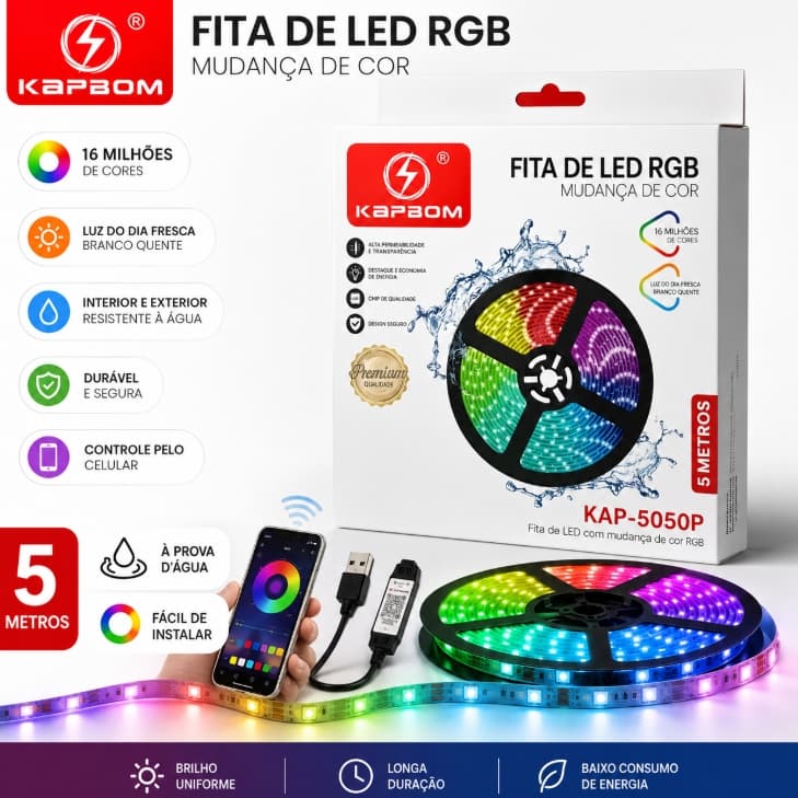 Fita LED  5m 300 Leds com Controle Decoração Casa Loja Gesso Teto Sanca Vitrine