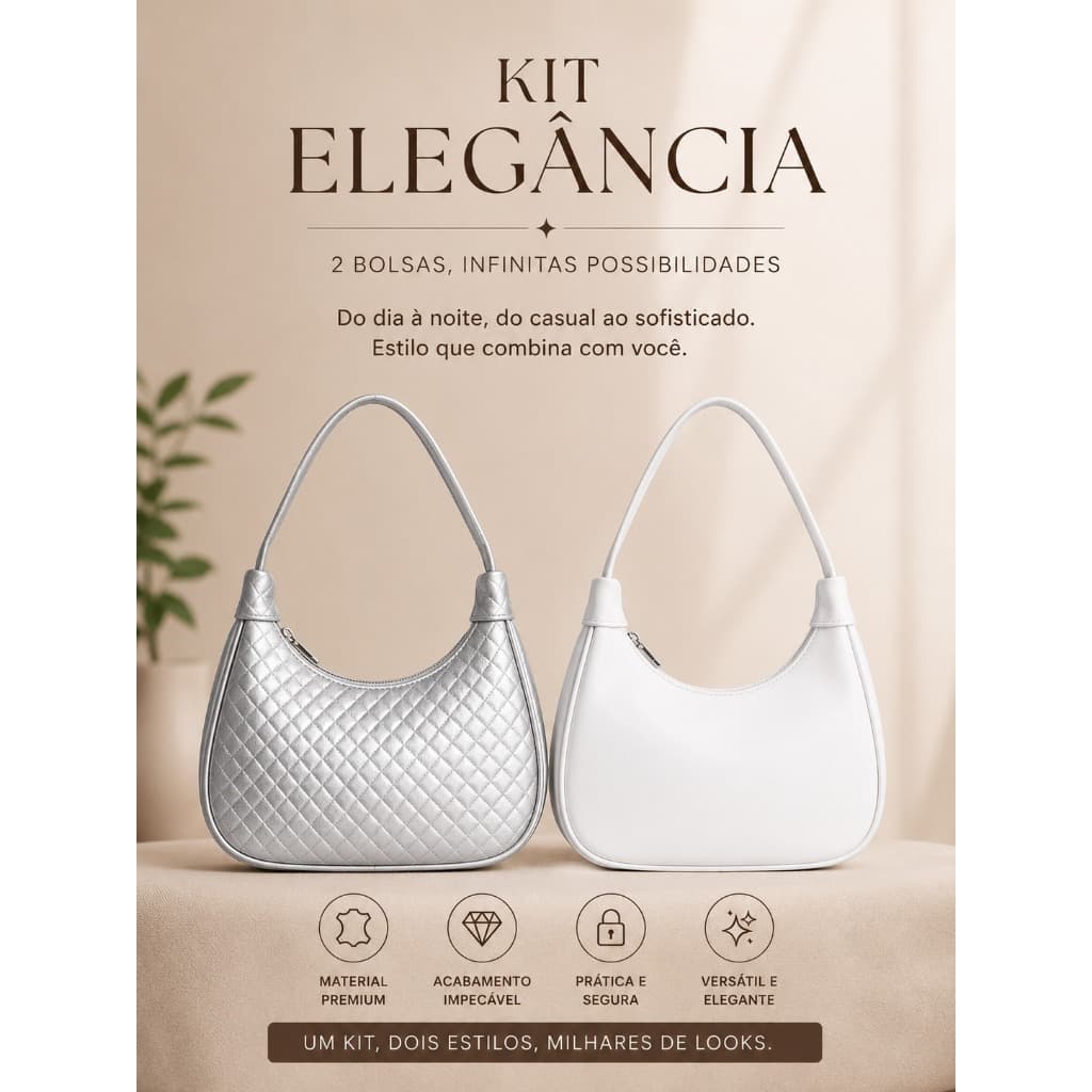 Kit Elegância Feminina: 2 Bolsas Pequenas Meia Lua Tendência 2026 (Prata/Branca)