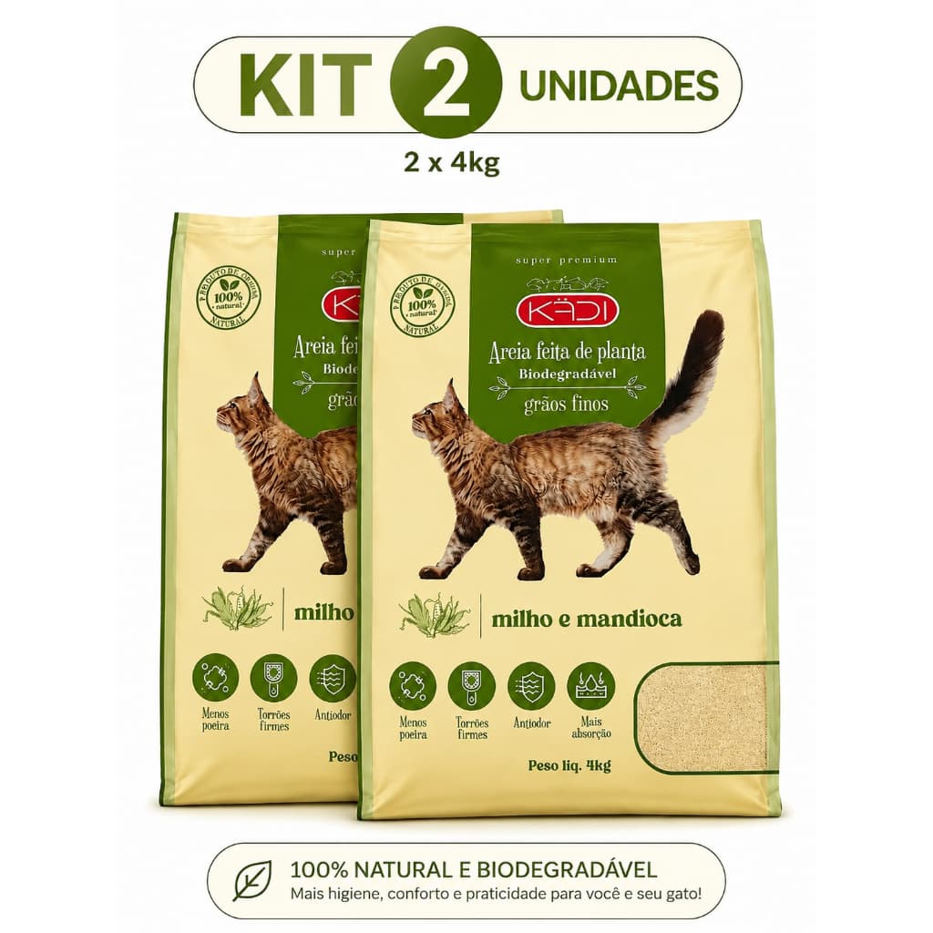 KIT 02 AREIA BIODEGRADÁVEL KADI - MILHO E MANDIOCA- GRÃOS FINOS 4 KG CADA .