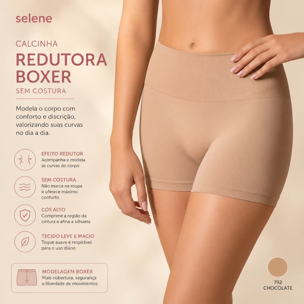 Calcinha Boxer Redutora Selene Sem Costura Cós Alto Slim Afina Cintura Modela Barriga