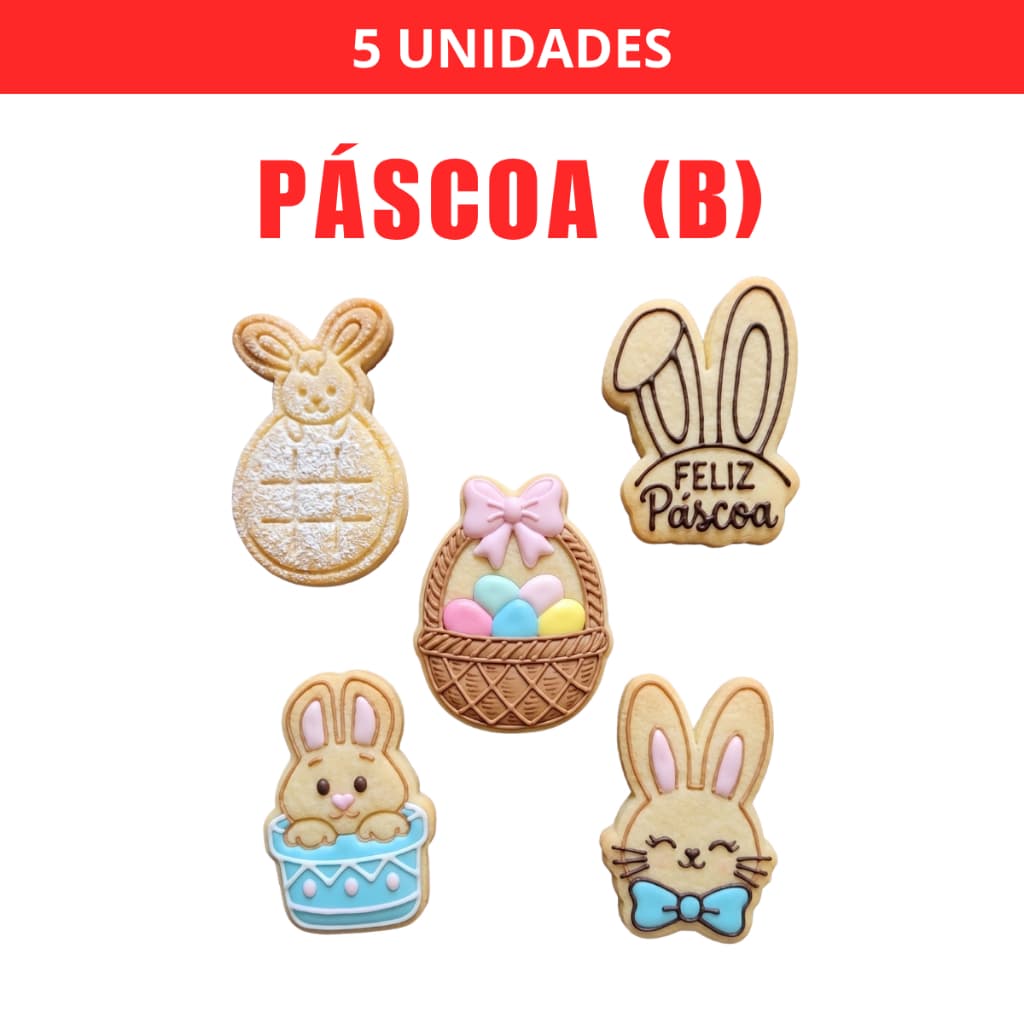 Kit 5 Cortadores e Carimbos de Biscoito de Páscoa/Coelhos (Coleção B) com Puxador
