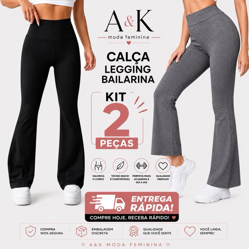 Kit 2 Calças Legging Bailarina Flare Modela bumbum Cintura Alta PROMOÇÃO ENTREGA RÁPIDA