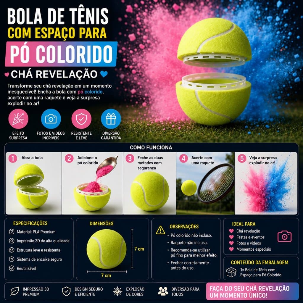 Bola de Tênis para Chá Revelação | Compartimento para Pó Colorido