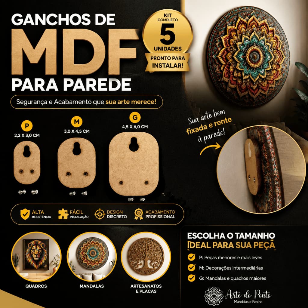 Kit C/ 5 Ganchos de Parede em MDF para Quadros e Mandalas – Tamanhos P, M, G (Com Parafusos)