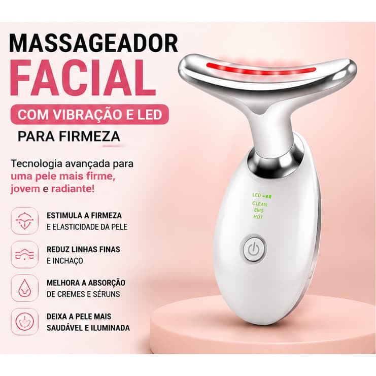 Massageador facial com vibração e LED para firmeza