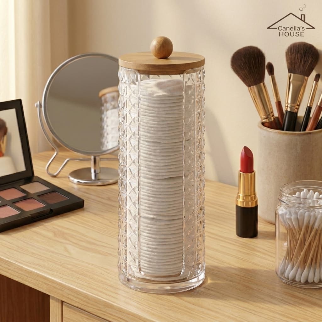 Organizador Porta Algodão Disco 18,8cm Plástico Acrílico Pote de Algodão Redondo Com Tampa de Bambu