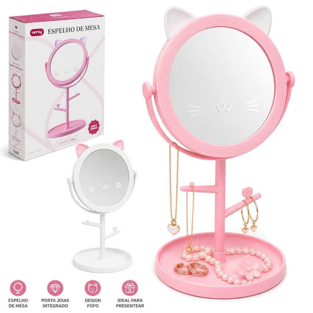 Espelho Mesa Redondo Gatinho Porta Joias 2 Ganchos Plástico Vidro 30cm Rosa Presente Menina