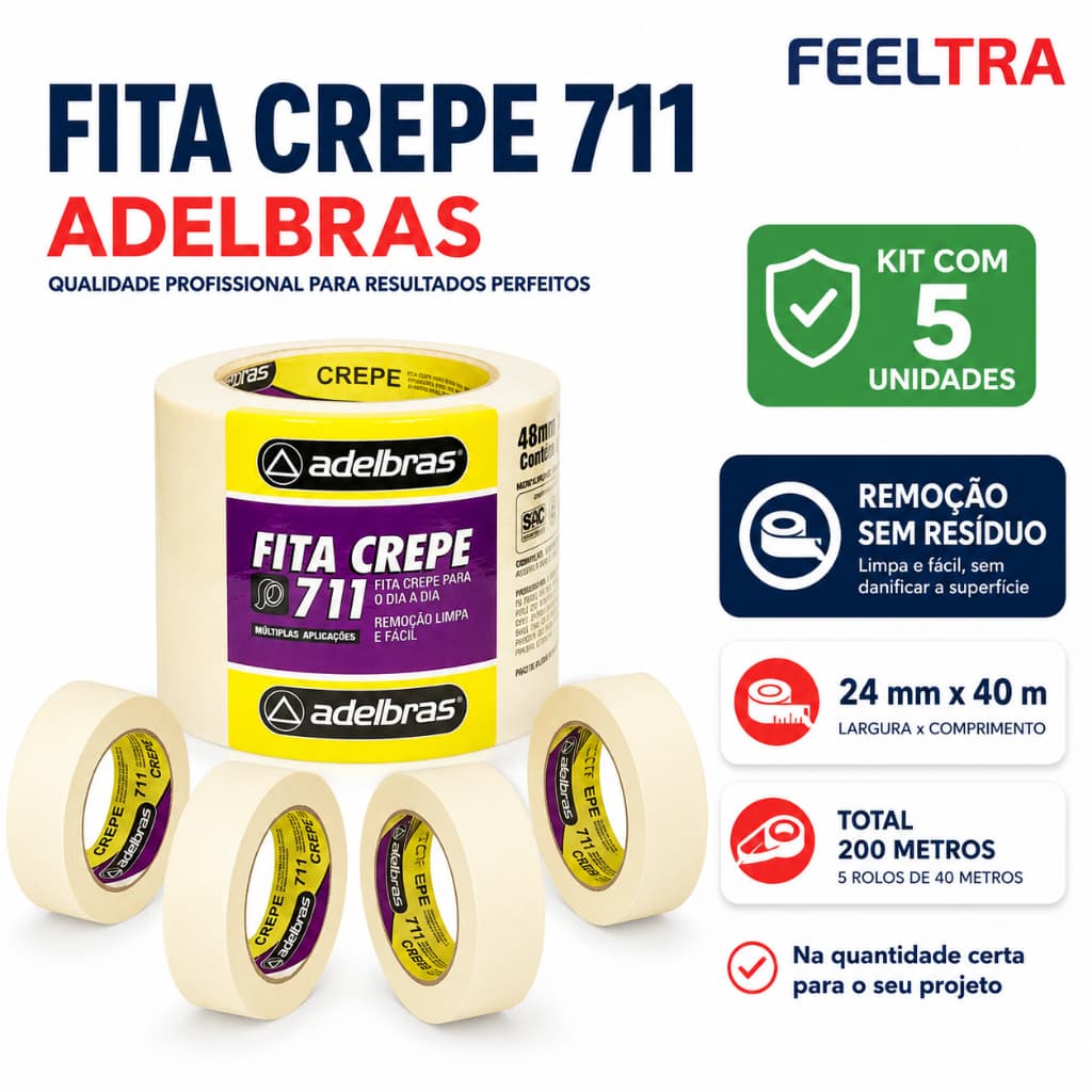 Fita Crepe Adelbras 24mm X 40m Fácil Remoção Papel Crepado 5 Unidades Resistentes