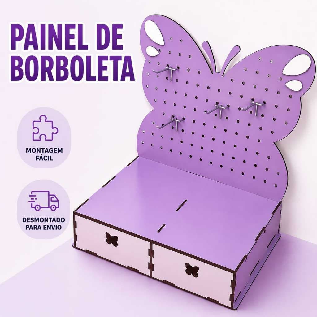 Painel Gaveteiro Organizador de Mesa Borboleta em MDF | Multifuncional + 4 ganchos