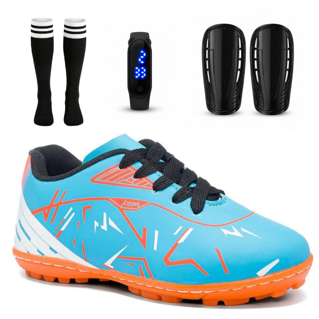 Kit Chuteira Infantil Masculino Campo Society Antiderrapante Meião Relógio Caneleira Resistente