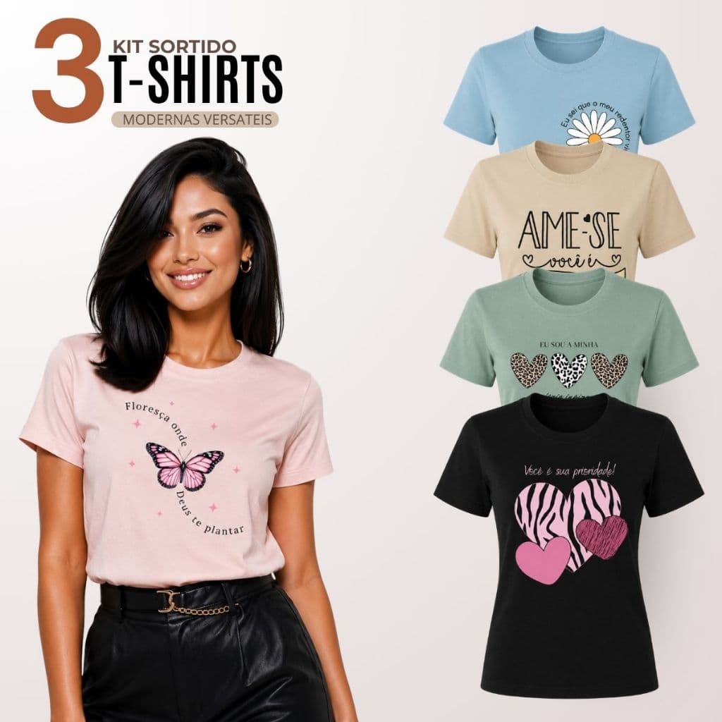 Kit 3 Blusa Femininas Manga Curta Gola Redonda 100% Algodão Moda Feminina Roupas