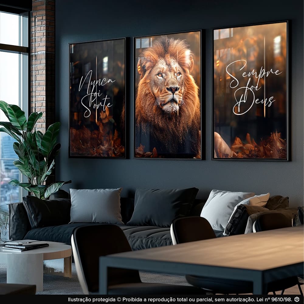 Quadro Decorativo Leão Motivacional Nunca Foi Sorte Sempre Foi Deus Fé Força e Inspiração 122x60