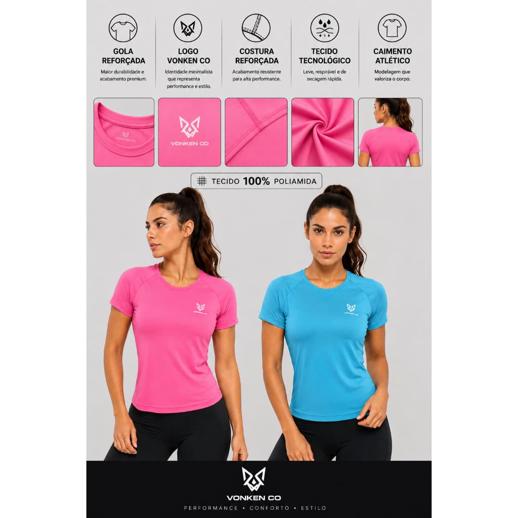 Camiseta Feminina Fitness 100% Poliamida | Leve, Respirável e Secagem Rápida Vonken Co