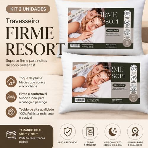 Kit 2 Travesseiros Firme Resort 50x70cm Toque de Pluma Macio e Confortável