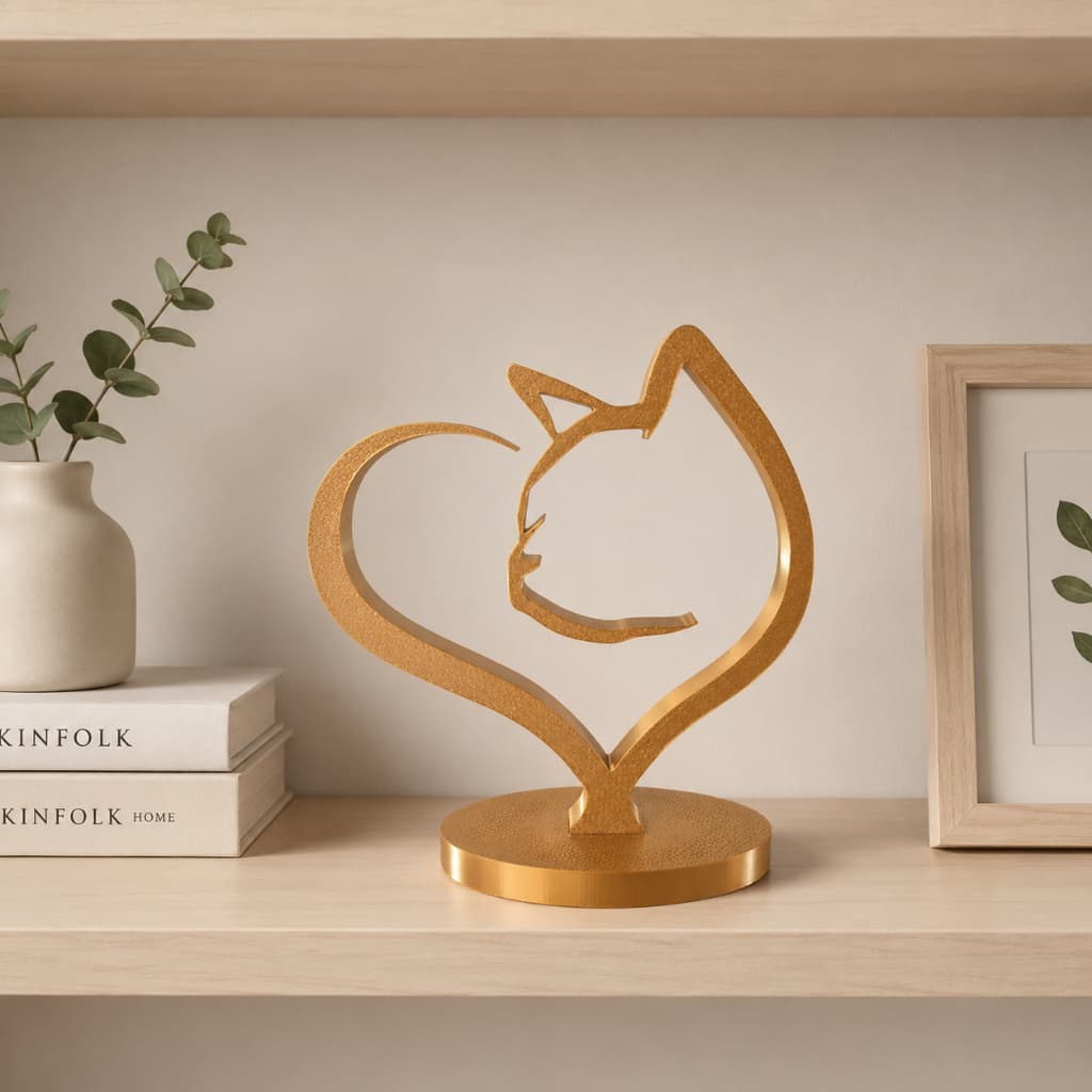 Enfeite Gato Coração Decoração Minimalista Impressão 3D Escultura Mesa