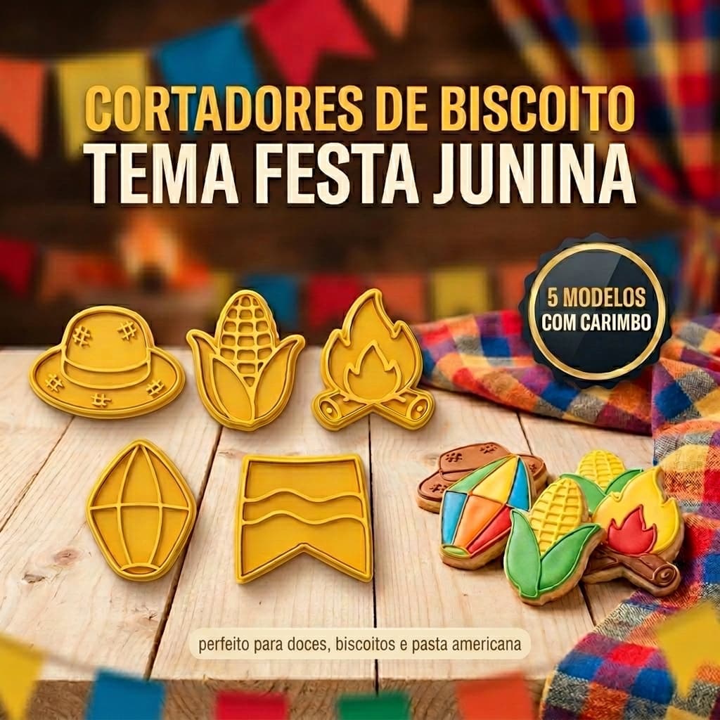 Kit 5 Cortadores Festa Junina | Com Carimbo para Biscoitos e Doces | Pasta Americana Fondant Biscuit