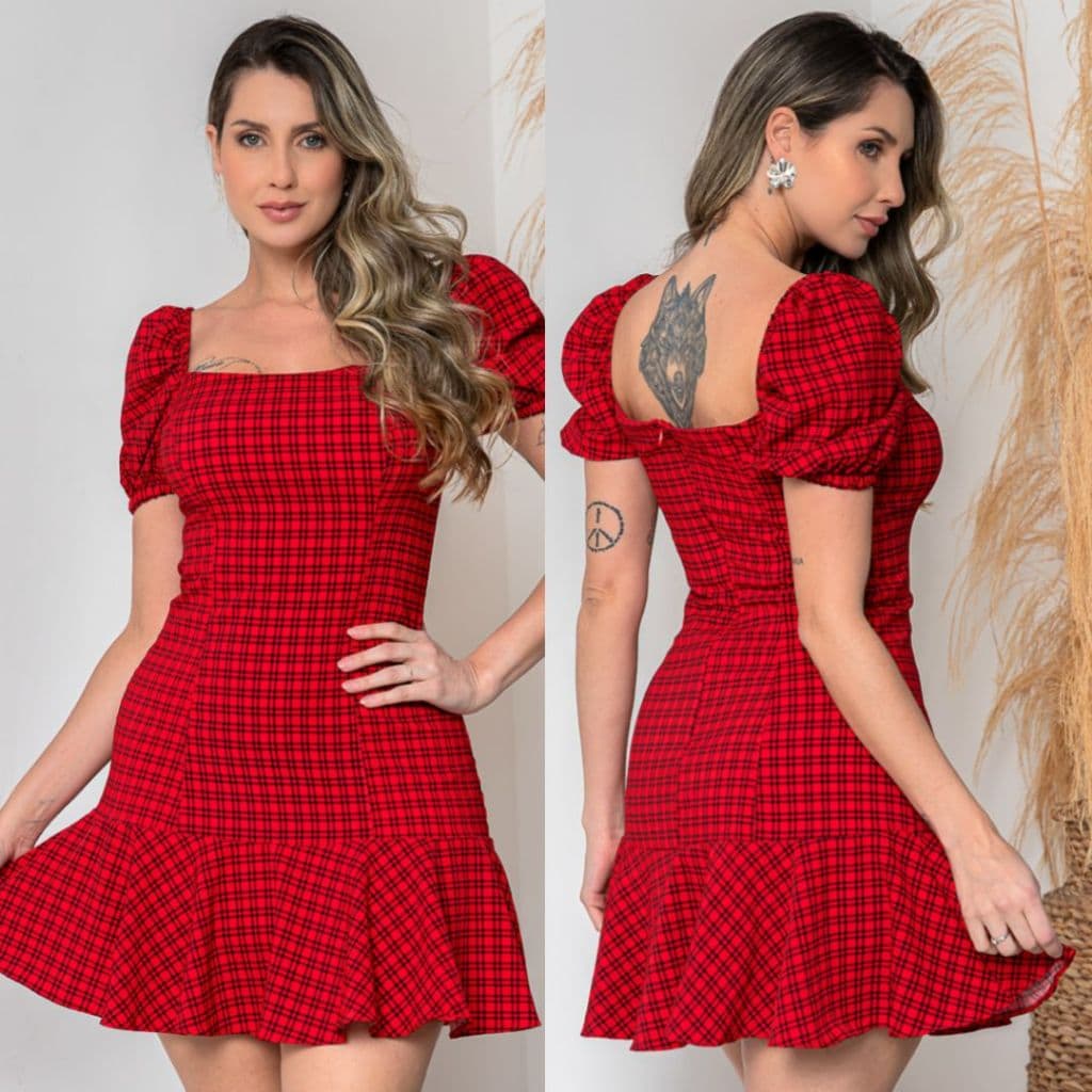 Vestido curto Xadrez manga bufante princesa com bojo zíper invisivel atrás moda feminina lançamento