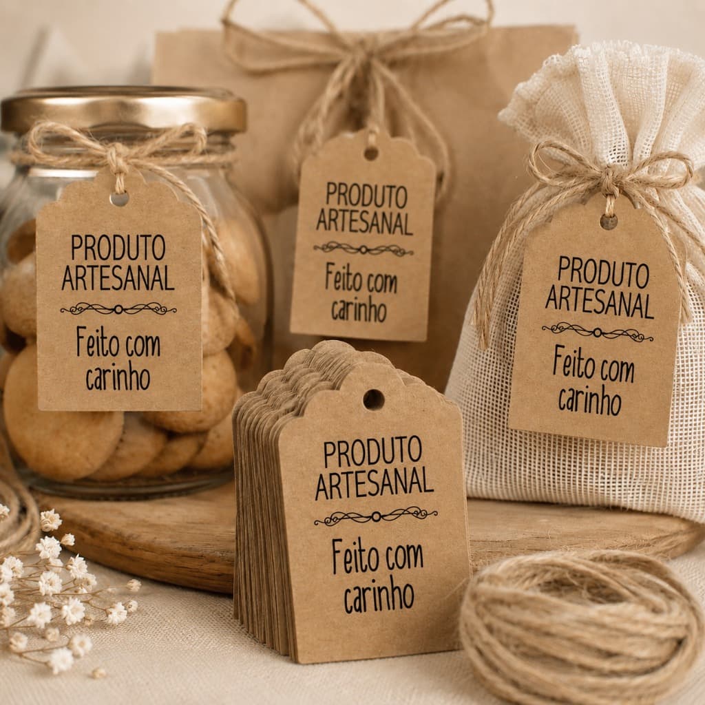 100 Tag Papel Kraft Produto Artesanal Feito Com Carinho Etiqueta Rotulo Com Furo