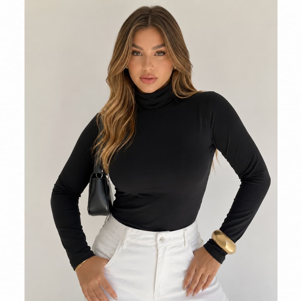 Blusa Feminina Cacharrel Manga Longa Gola Alta Suplex Poliamida Inverno Moda Básica Casual Trabalho