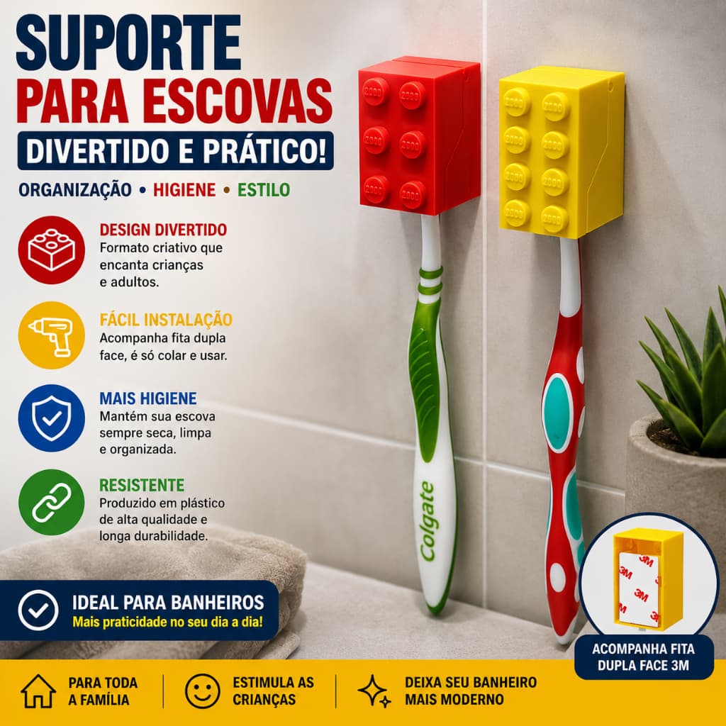 Kit 2 Suporte Para Escova De Dente Estilo Lego Porta Escovas Organizador Banheiro Infantil Divertido Com Fita 3M