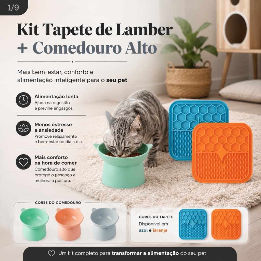 Kit Tapete de Lamber + Comedouro Alto Pet Gato Cachorro Antiestresse Inclinado Elevado Ração