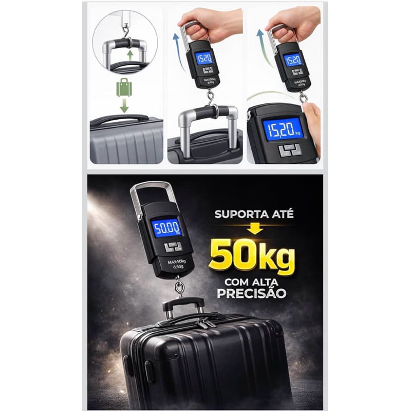 alança Digital Portátil de Mão 50kg Alta Precisão com Visor LCD – Ideal para Bagagem, Mala, Aeroporto, Pesca, Sacolas