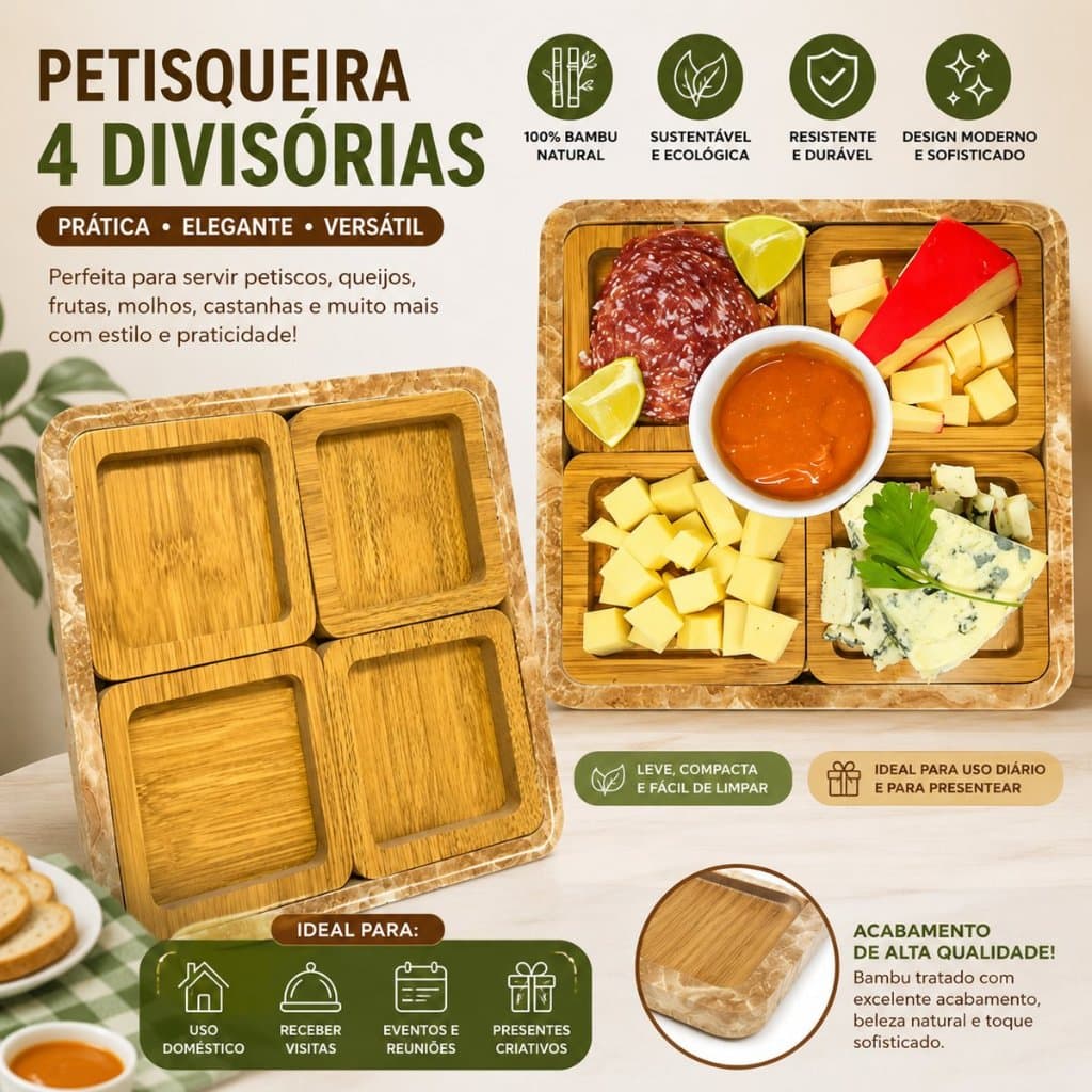 Conjunto 4 petisqueira Quadrada em Madeira 4 divisórias para Petiscos Amendoim Churrasco Frios Aperitivos Petisqueira