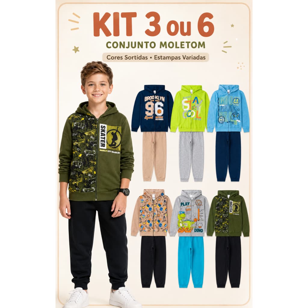 Kit 6 ou 12 Peças (3 ou 6 Conjuntos) Moletom Menino Inverno Roupa Menino Capuz Zíper Tamanho P ao 14