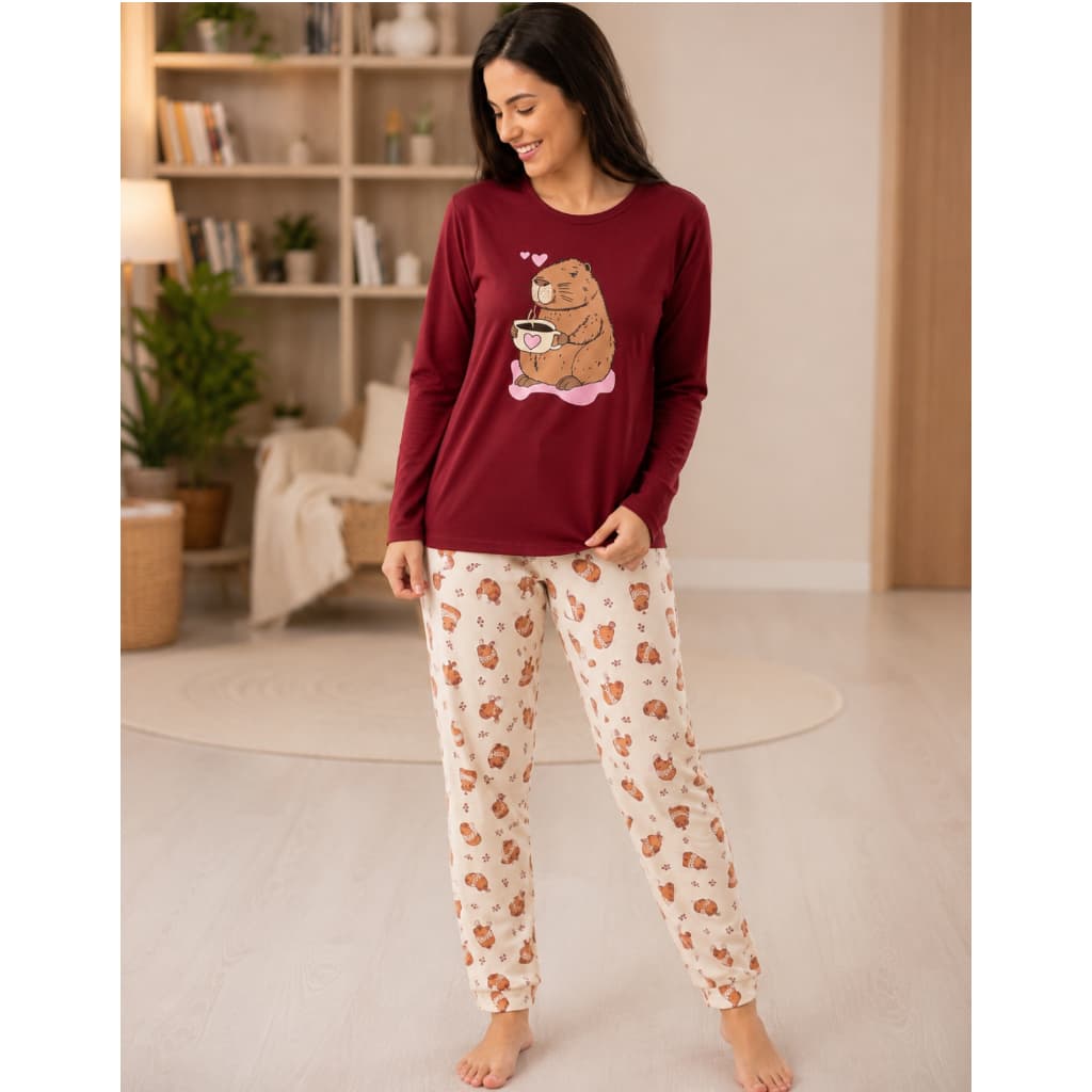 Pijama Feminino Longo Inverno Macio Estampa Fofa Confortável Manga Longa E Calça