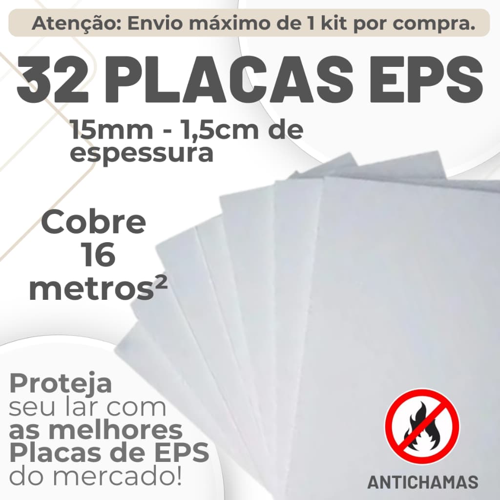 32 Placas Forro EPS Térmico Antichamas Espessura 15mm (1,5cm) Tamanho 100x50x1,5cm