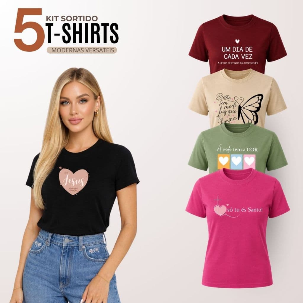 Kit 5 T-shirt Feminina Blusa Baby Look Camiseta Blusinha