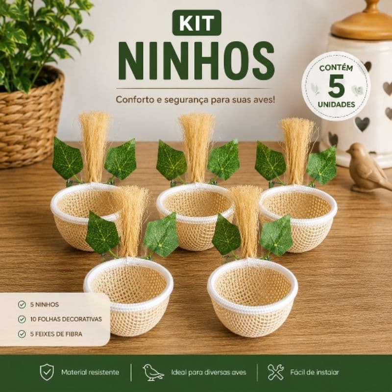 Kit 5 Ninhos Coleiro de Juta com Folhas