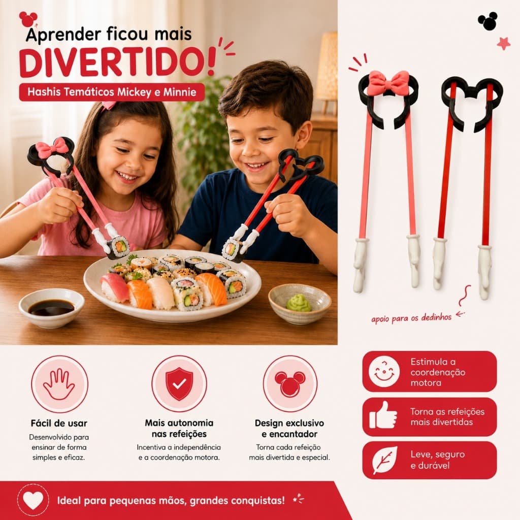 Hashi Pegador de Petisco Sushi Divertido - Estilo Mickey e Minnie Disney - Kit com 1 ou 2 unidades