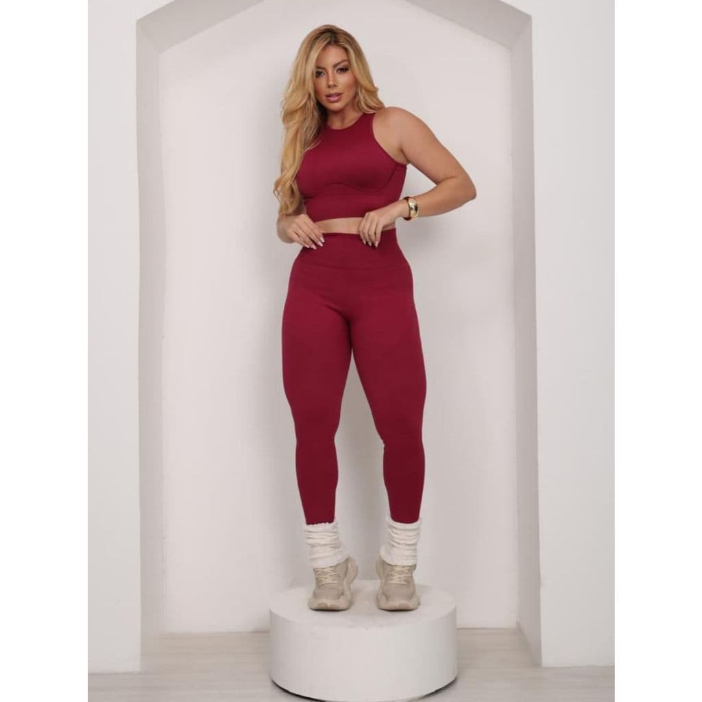 Conjunto Fitness Premium Canelado Feminino Sem Costura Top e Legging Modeladora Cintura Alta Academia Moda Gringa
