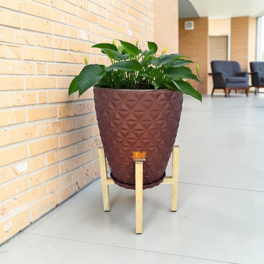 Vaso Diamante M (29X26) + Suporte de Madeira P/Plantas, Flores Decoração Casa Jardim C/Prato Coletor