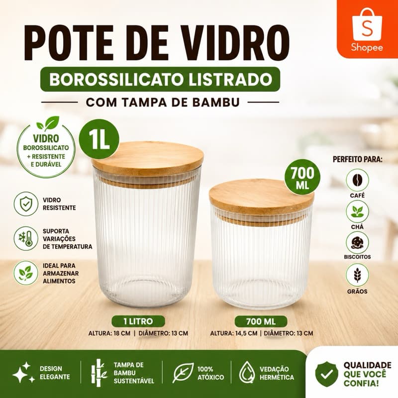 KIT POTE Vidro Borossilicato 1,8L I 1,4L I 1L I 700ml Tampa de Bambu 2, 1 UNIDADES Hermético Cozinha