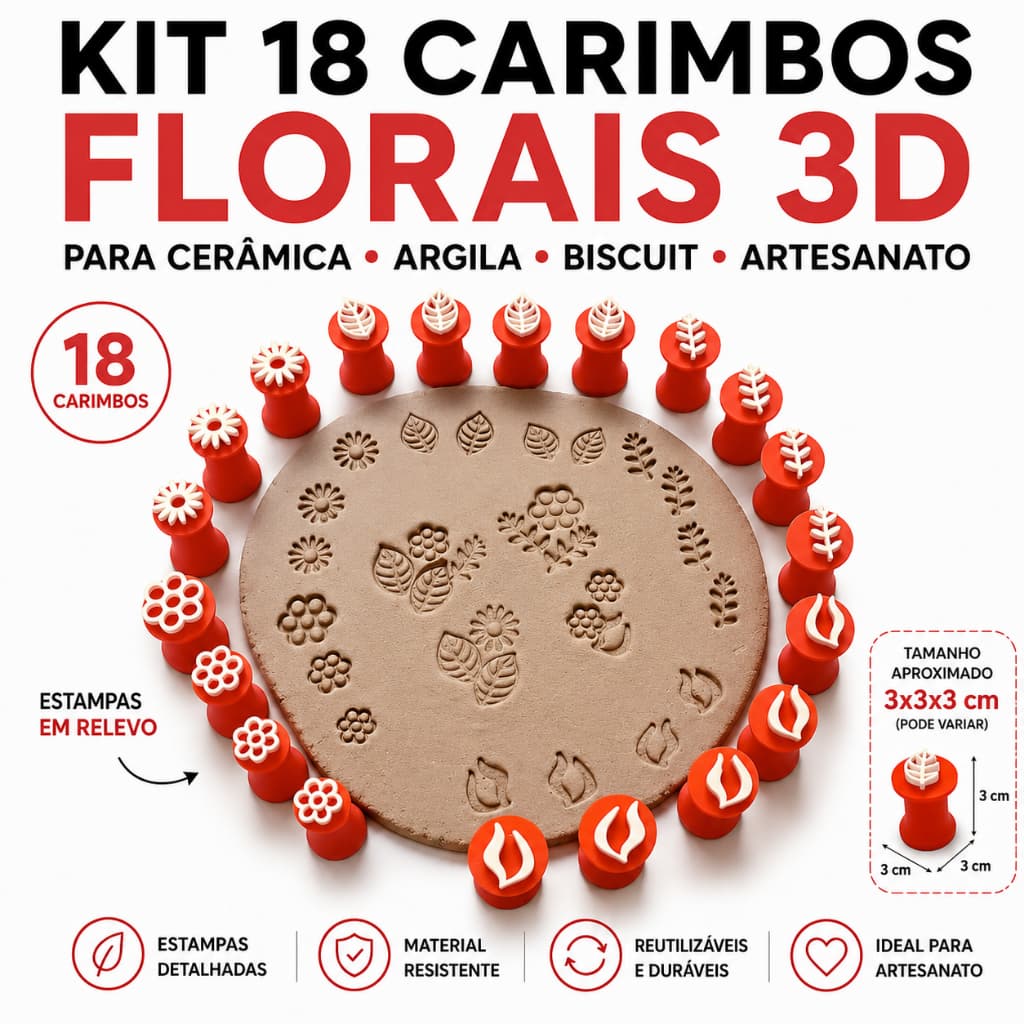 Kit 18 Carimbos Florais 3D para Argila, Biscuit e Cerâmica | Moldes Flores e Folhas Artesanato | Textura em Relevo