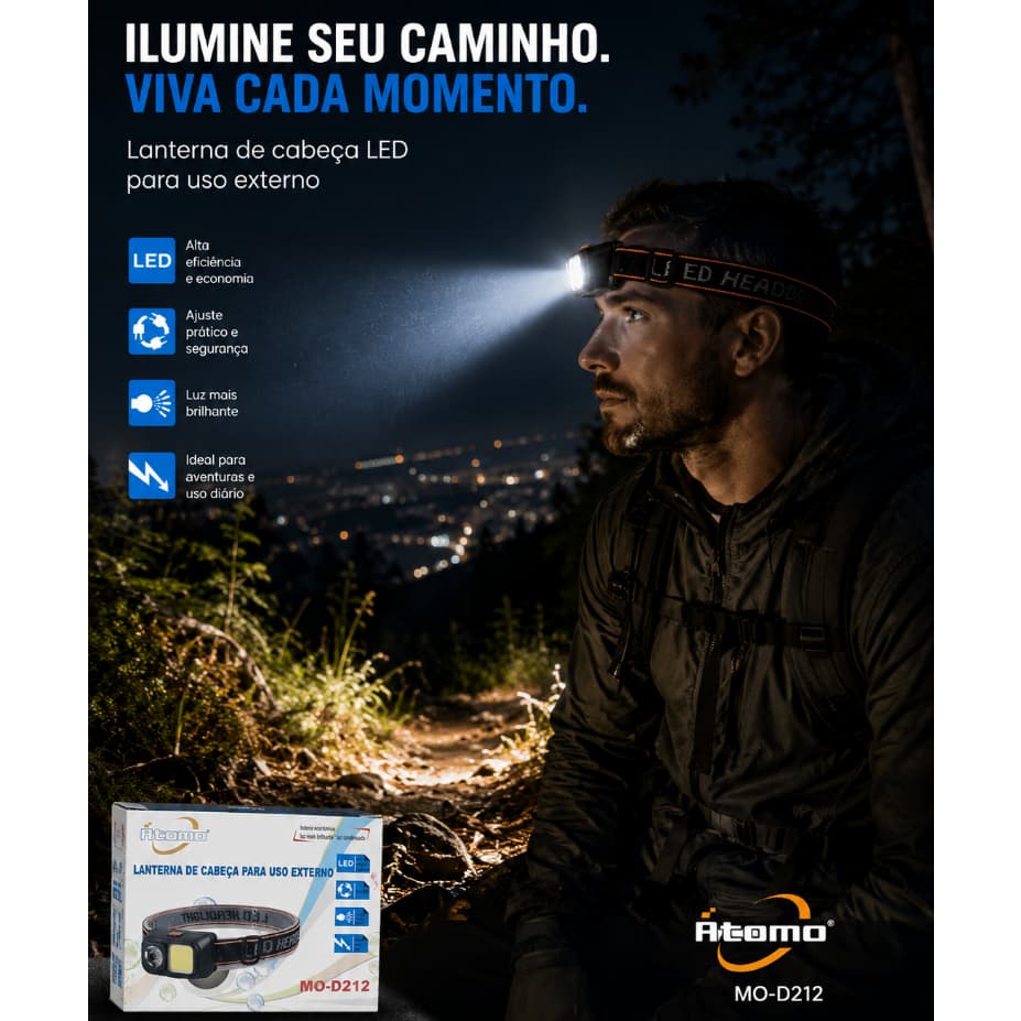 LANTERNA DE CABEÇA LED RECARREGÁVEL ÁTOMO MO-D212 | ALTA POTÊNCIA | CAMPING | PESCA | TRILHA | CORRIDA | USO EXTERNO