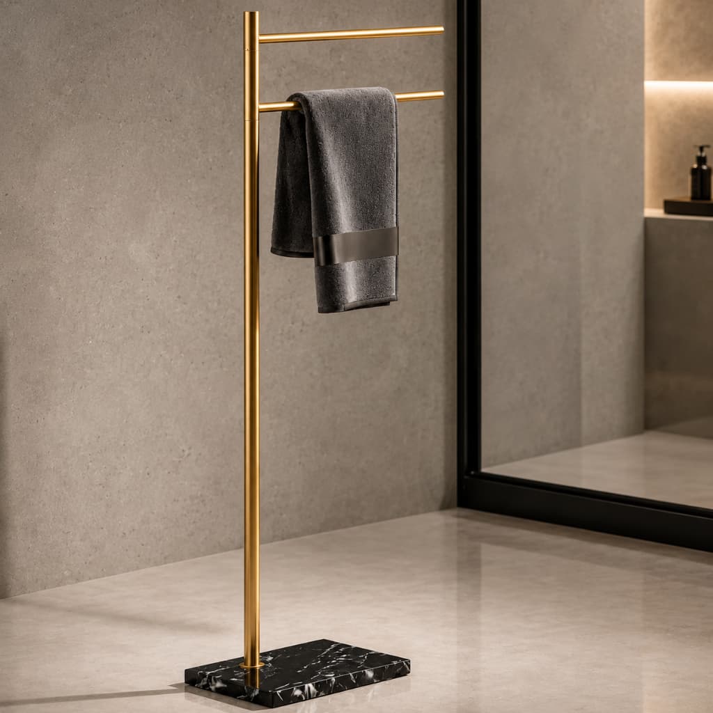 Toalheiro de Piso Duplo 84cm em Aço Inoxidável com Base de Mármore | Luxo Sem Perfuração