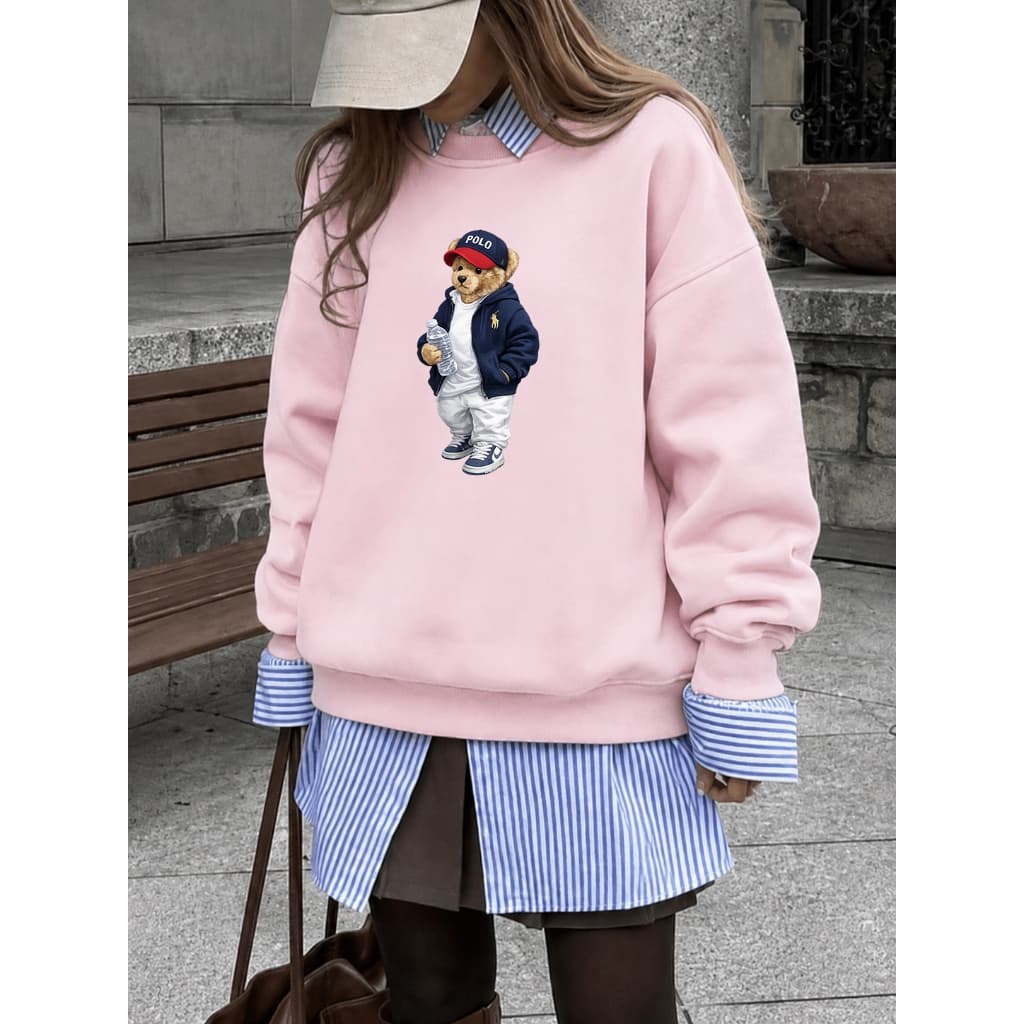 Blusa Moletom Feminina Moleton Careca Sem capuz Sem Bolso Estampa Urso Polo Moda Coreana