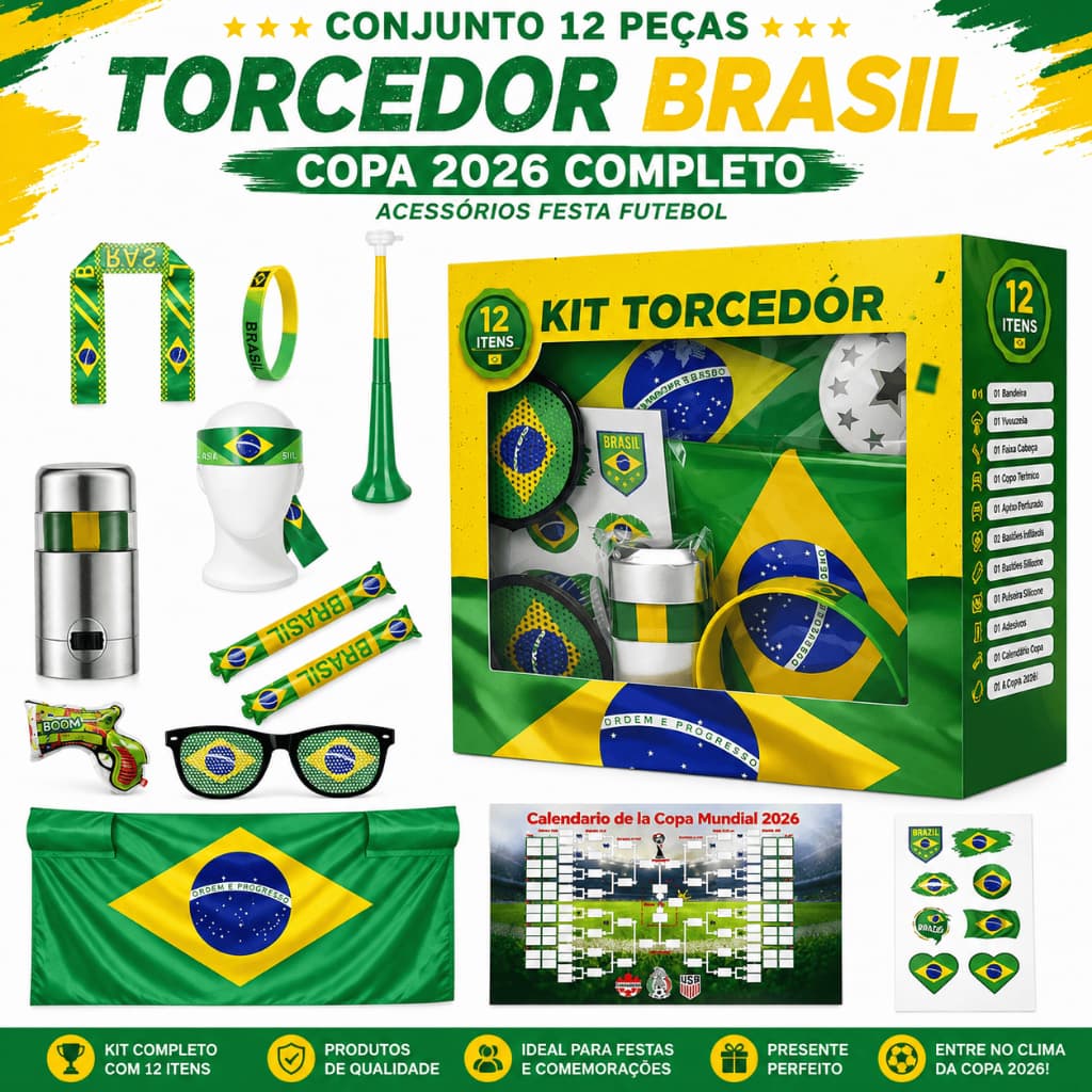 Conjunto 12 peças Torcedor Brasil Copa 2026 Completo Acessórios Festa Futebol Veja Descrição