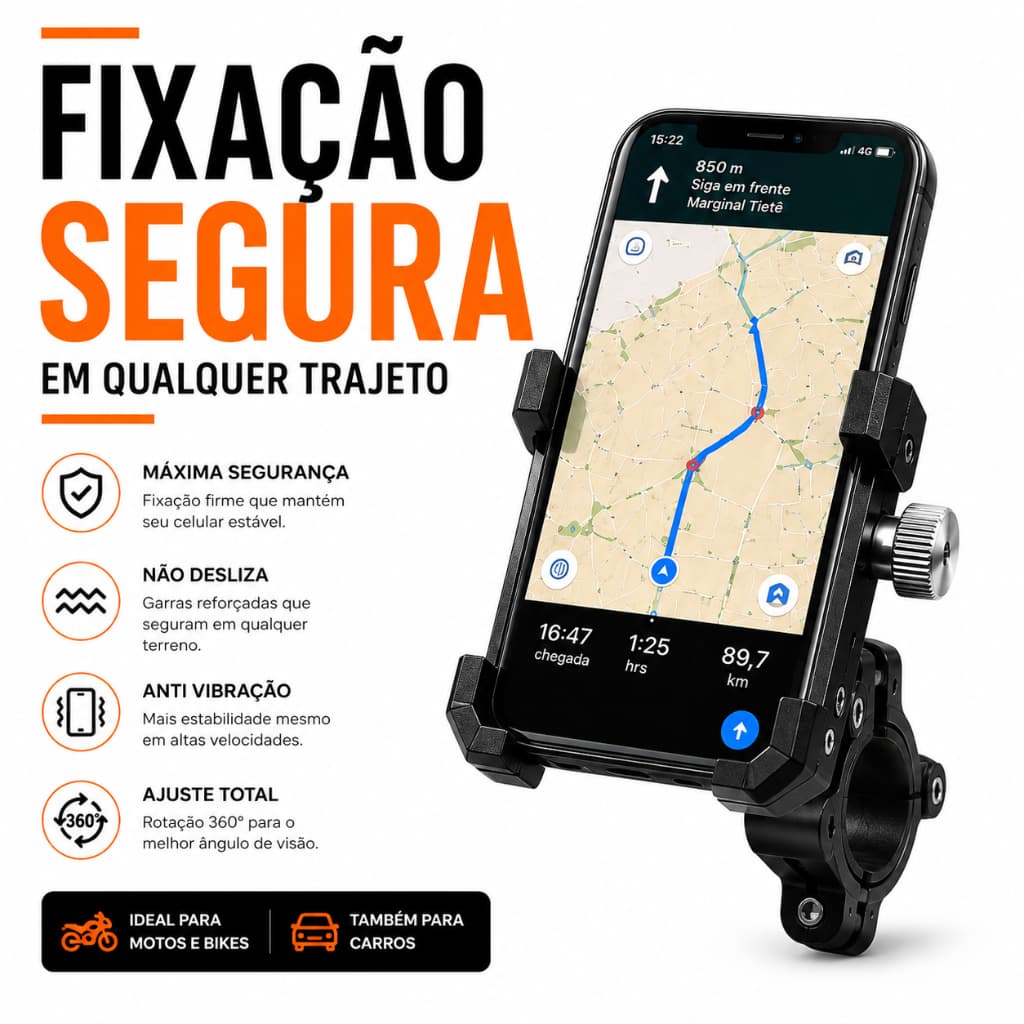 Suporte Celular Moto Bike Alumínio Reforçado Giro 360° Guidão Universal