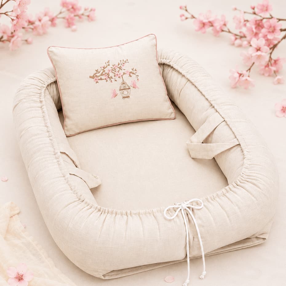 Ninho redutor de berço bebê menina linho luxo grande 100% algodão Bordado flor de cerejeira jardim