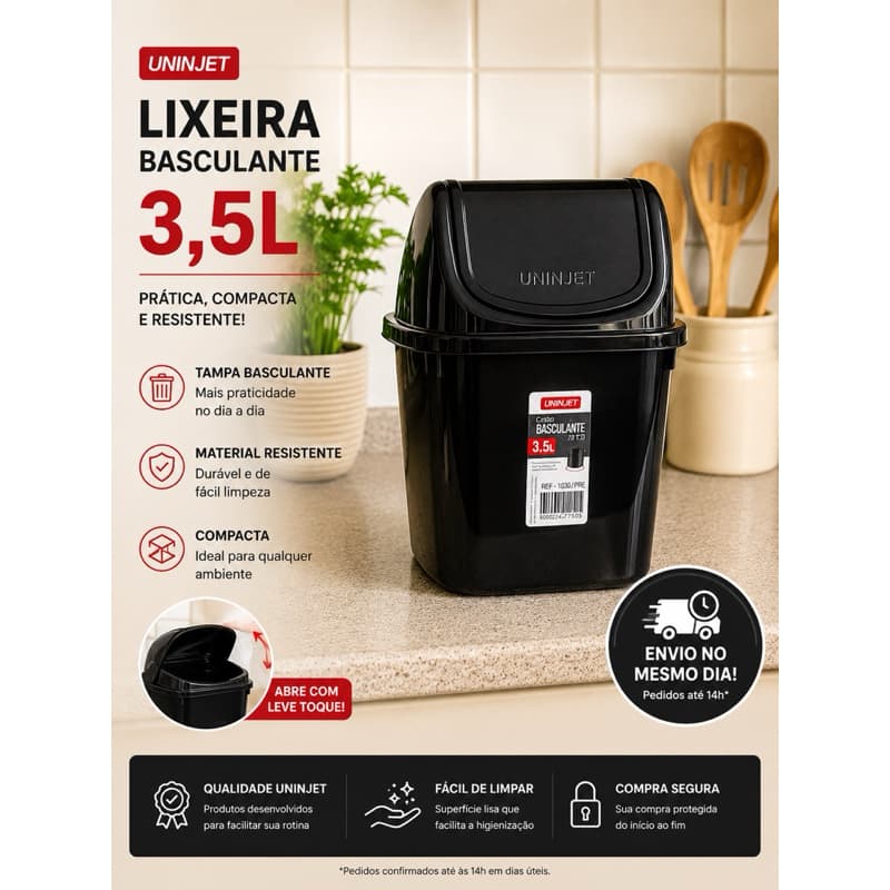 Lixeira Basculante 3,5L Uninjet – Compacta, Moderna e Ideal para Pia ou Banheiro Escritorio