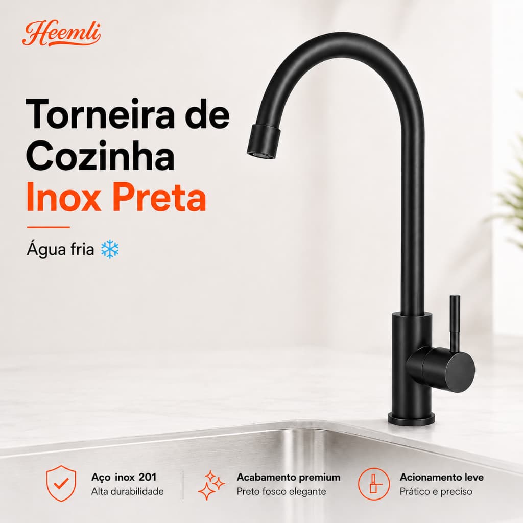 Heemli Torneira de Banheiro para Lavatório e Bancada Mesa em Inox Preto e Cromado 1/4 de Volta Heemli